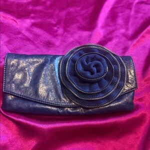 100% genuine leather Elegant Navy Clutch with Floral Accent